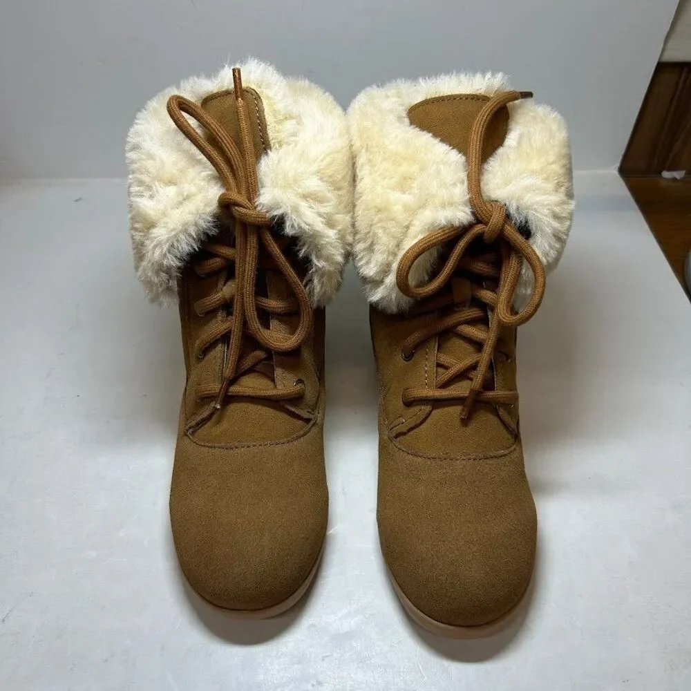 Style & Co. Womens 7 M Chestnut Aubreyy Suede Faux Fur Lace Up Boots NIB QV0